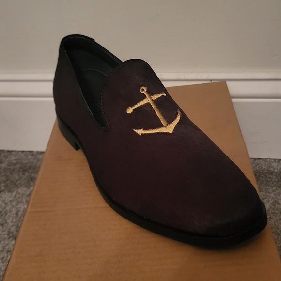 Sperry Dark Brown Pony Fur Loafers with Gold Anchor Detail - Picture 1 of 4